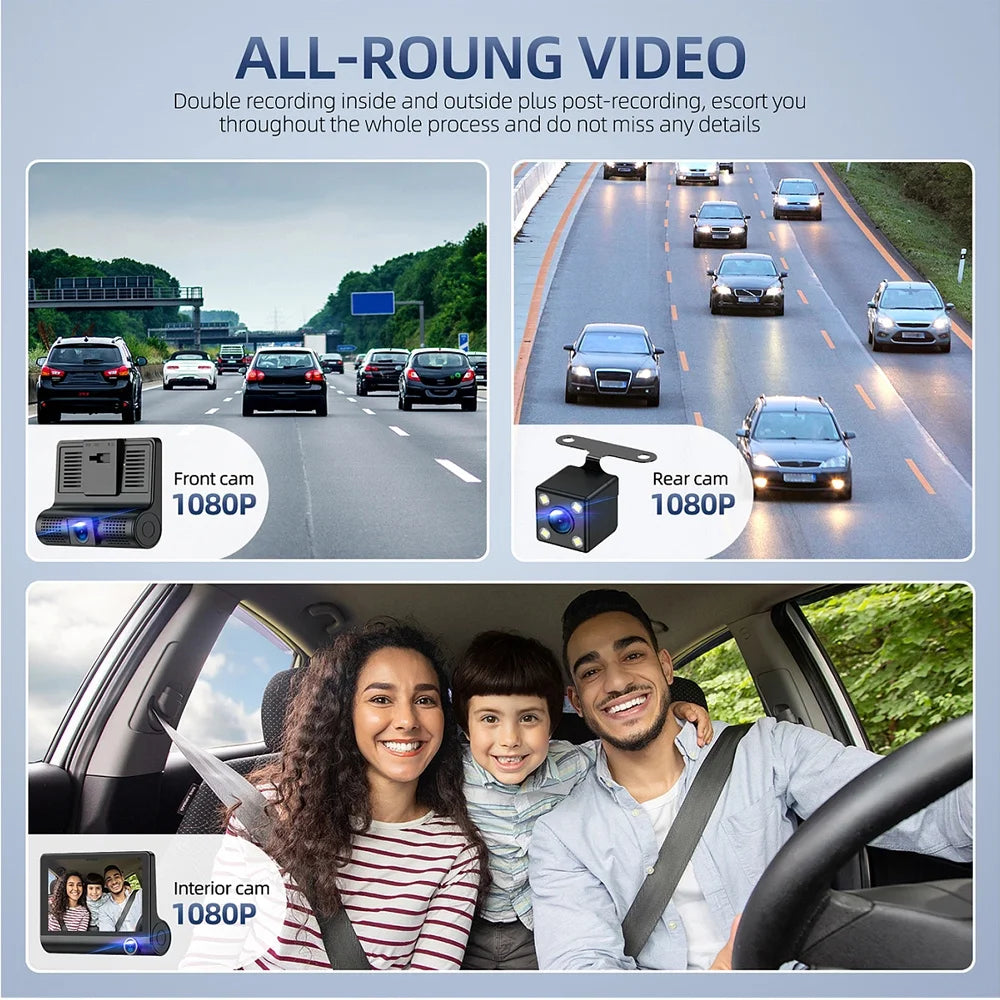 🚗 מצלמת רכב משולשת – DVR 1080P עם מסך 4 אינץ’ ומצלמת רוורס