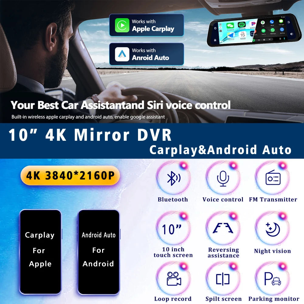 מצלמת רכב מראה חכמה 10 אינץ’ – 4K Ultra HD עם CarPlay, Android Auto, GPS ו-Wi-Fi