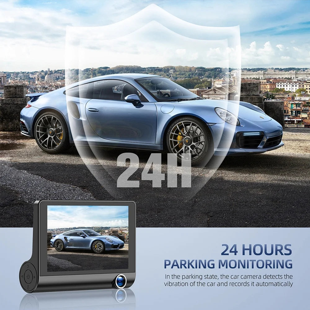 🚗 מצלמת רכב משולשת – DVR 1080P עם מסך 4 אינץ’ ומצלמת רוורס