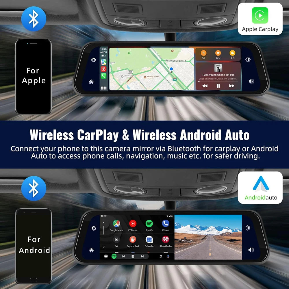 מצלמת רכב מראה חכמה 10 אינץ’ – 4K Ultra HD עם CarPlay, Android Auto, GPS ו-Wi-Fi