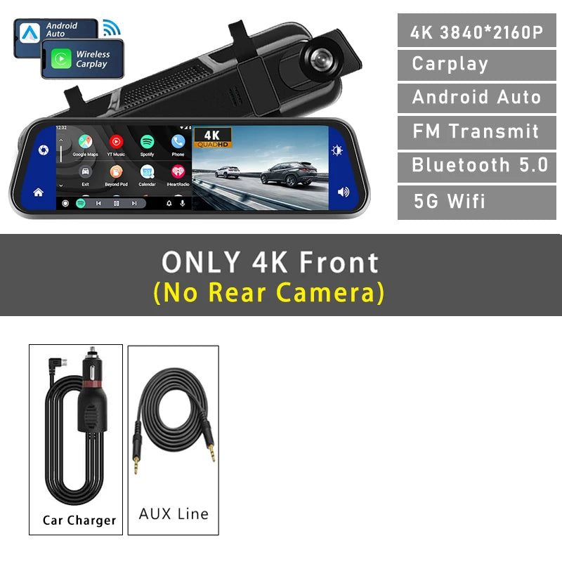 מצלמת רכב מראה חכמה 10 אינץ’ – 4K Ultra HD עם CarPlay, Android Auto, GPS ו-Wi-Fi