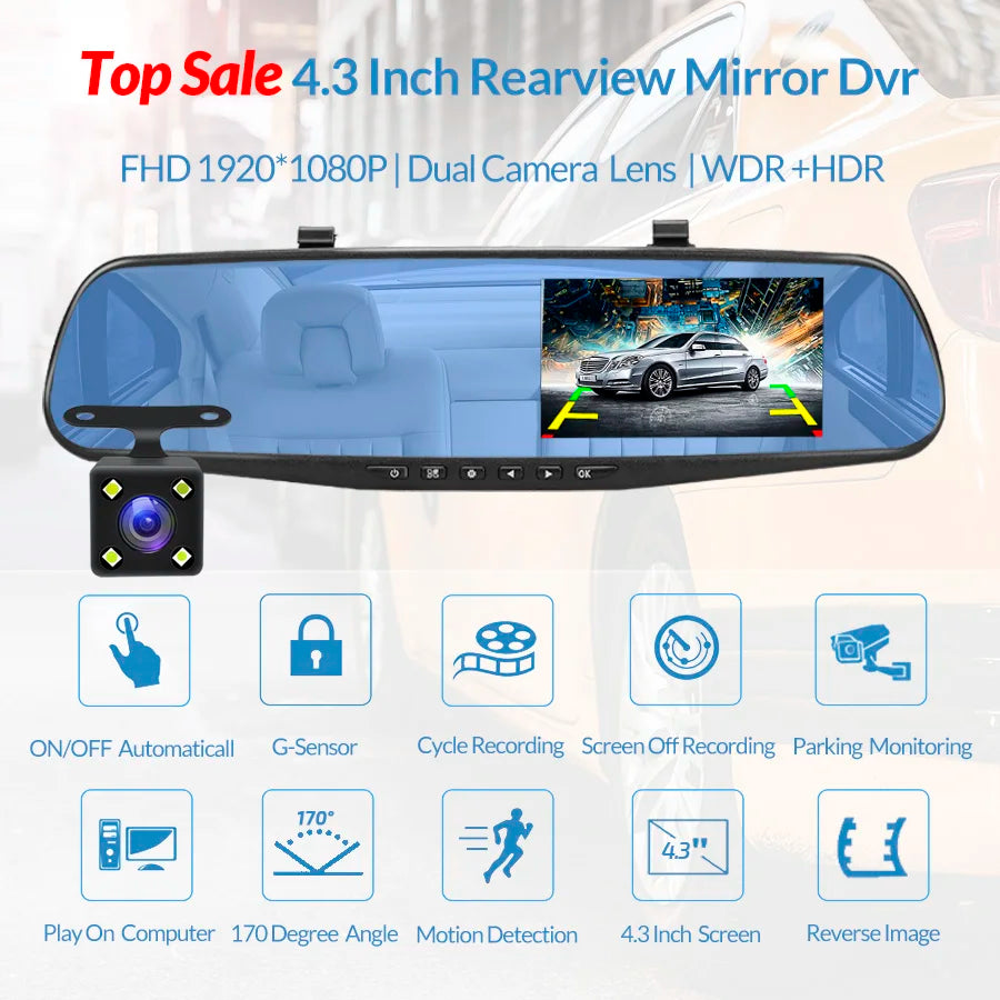 🪞 מצלמת רכב מראה 4.3 אינץ’ – DVR Full HD 1080P עם שתי עדשות ומצלמת רוורס