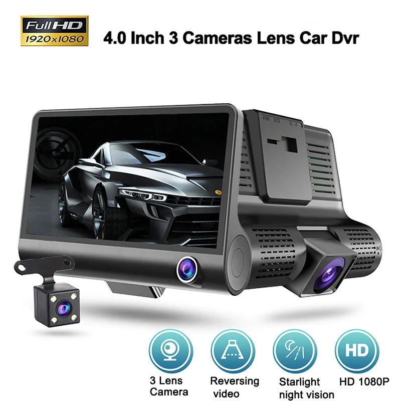 🚗 מצלמת רכב משולשת – DVR 1080P עם מסך 4 אינץ’ ומצלמת רוורס