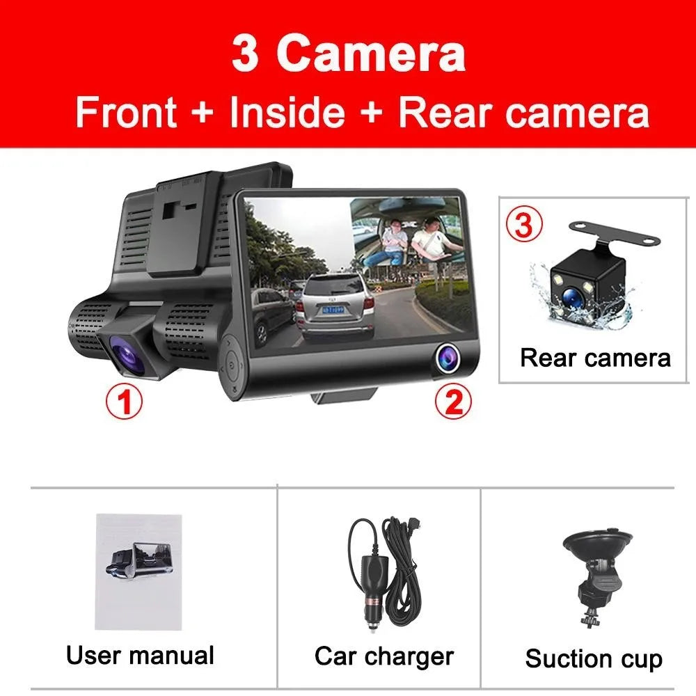 🚗 מצלמת רכב משולשת – DVR 1080P עם מסך 4 אינץ’ ומצלמת רוורס